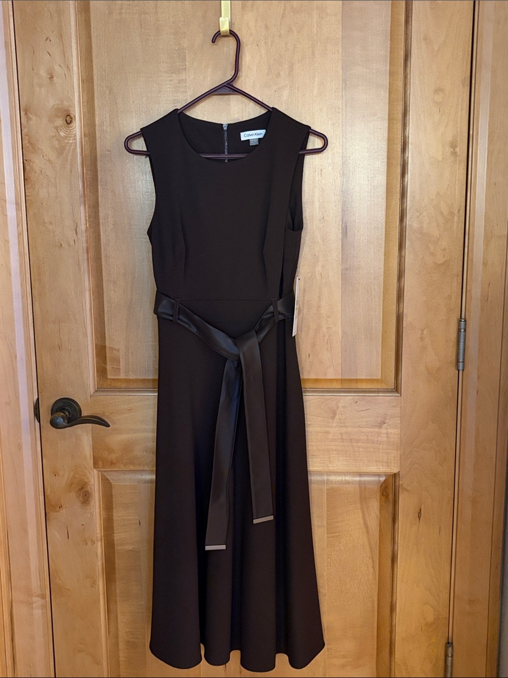 Chocolate Brown Sleeveless Midi Dress with Faux Leather Tie Belt
